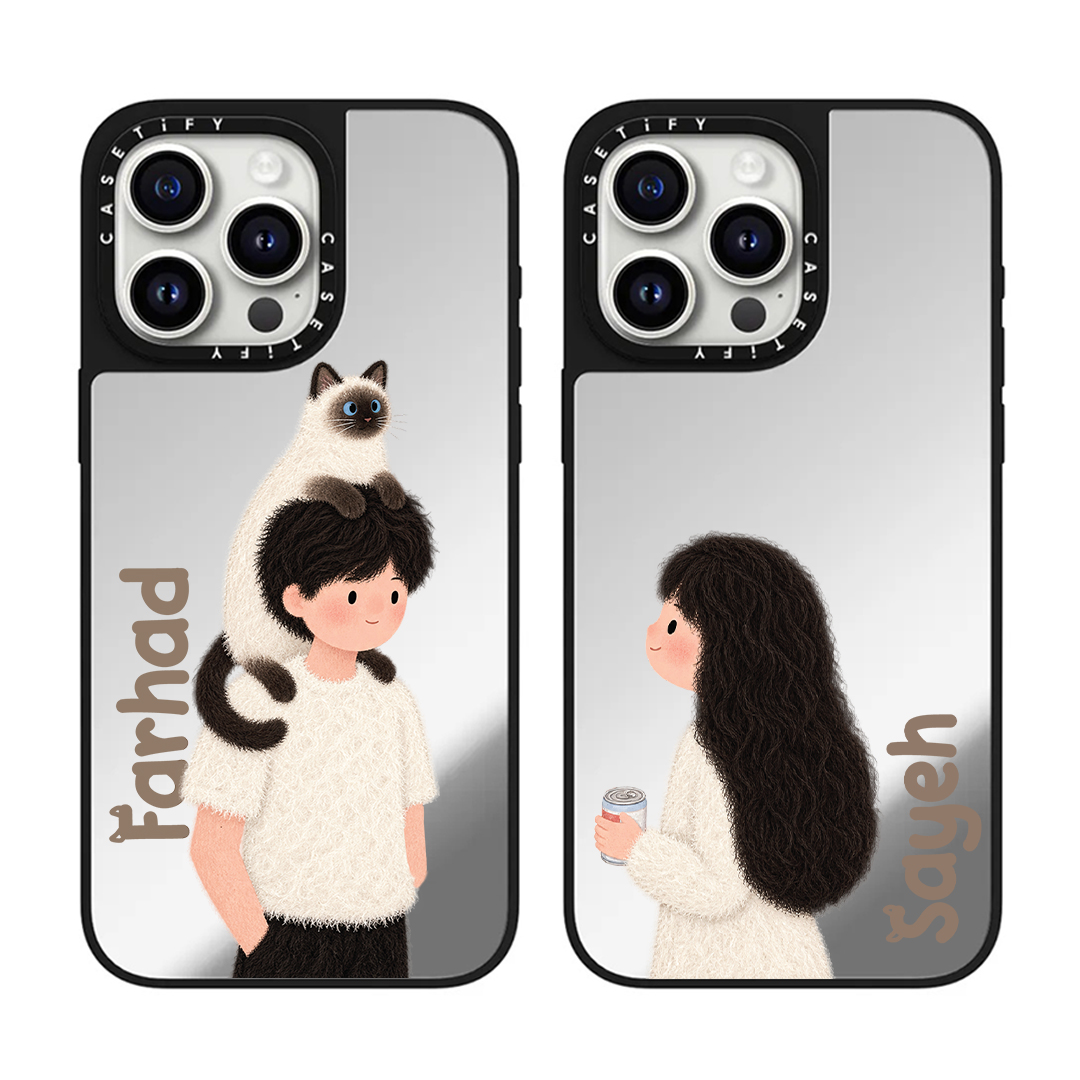 3f4e86 قاب موبایل سفارشی آینه ای | cat couple (کد 0623) - Image 1